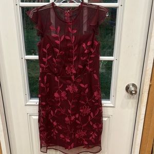 Wine-red Shelby Nites short sleeved floral evening party dress